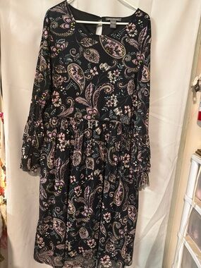 LOFT Black Paisley Long-Sleeve Tiered Dress with Pink Accents